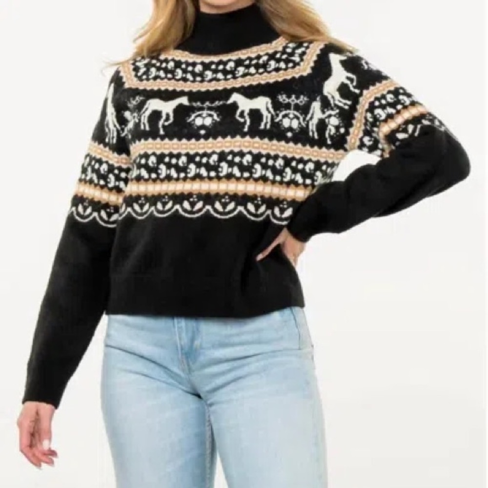 Horse Fair Isle Sweater in Black - Size L